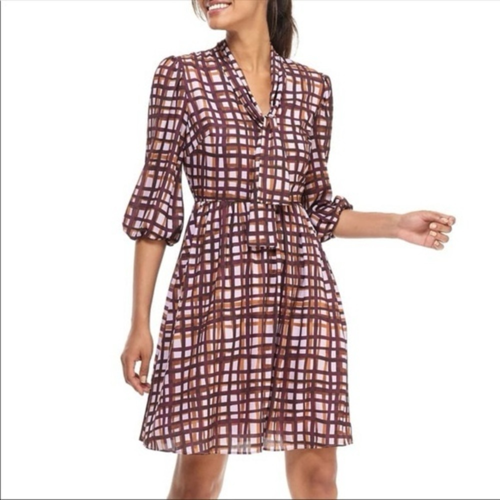 Gal Meets Glam "Lindsey" painted windowpane Tie Neck Dress